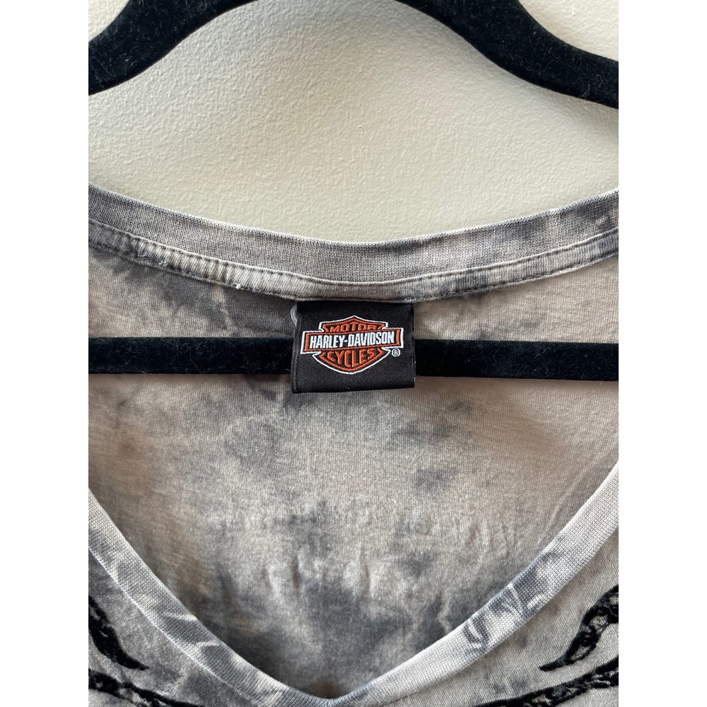 Harley Davidson Graphic Top Womens Large Gray Tie Dye V-Neck Foil Logo - Picture 2 of 4